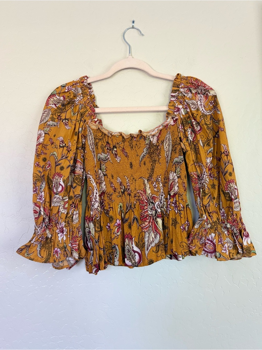 Anthropologie Conditions Apply Marigold Yellow Smocked Puff Sleeve Blouse Medium - Picture 2 of 7